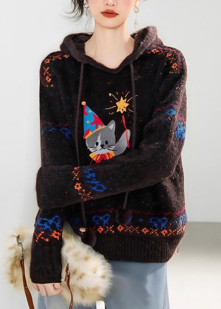 Novelty Coffee Tie Lace Print Thick Cotton Knit Hooded Sweater Fall