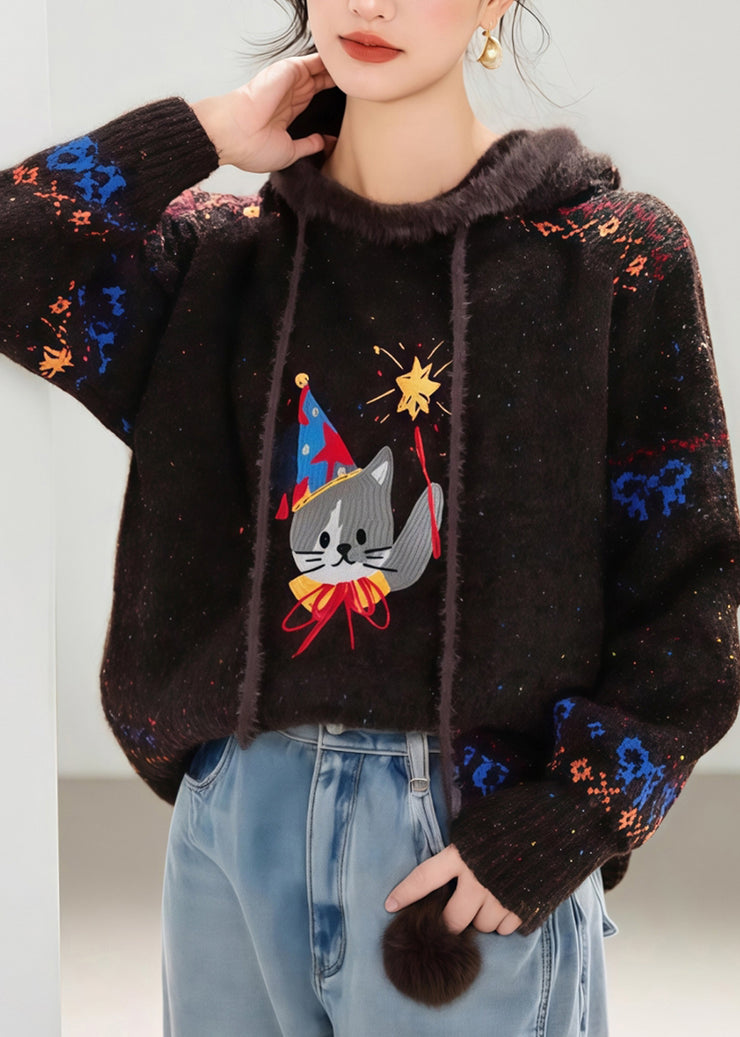 Novelty Coffee Tie Lace Print Thick Cotton Knit Hooded Sweater Fall