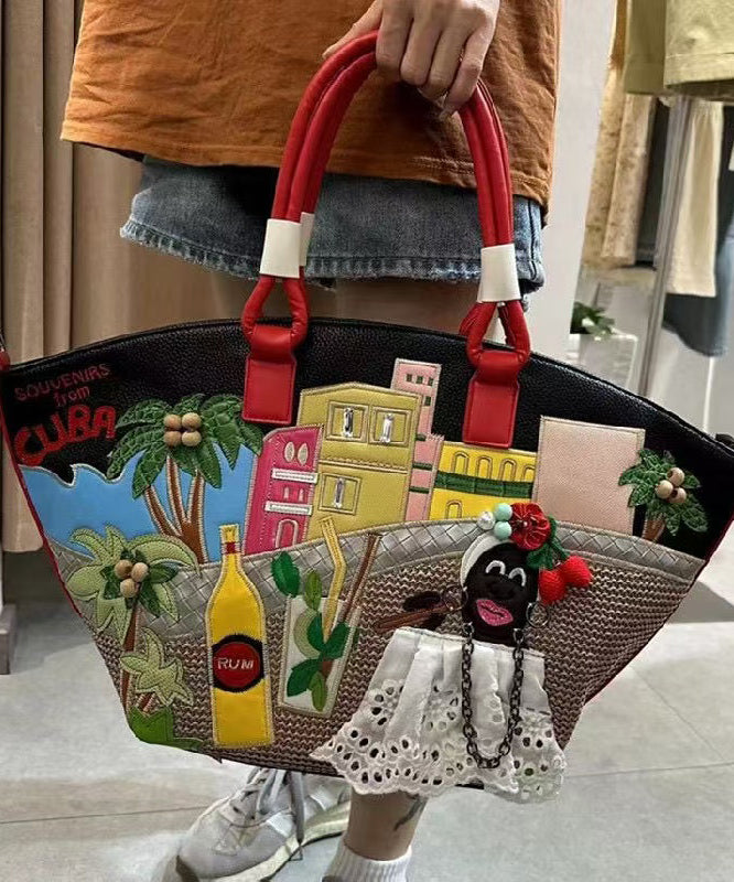 Novelty Embroidered Patchwork Faux Leather Tote Bag