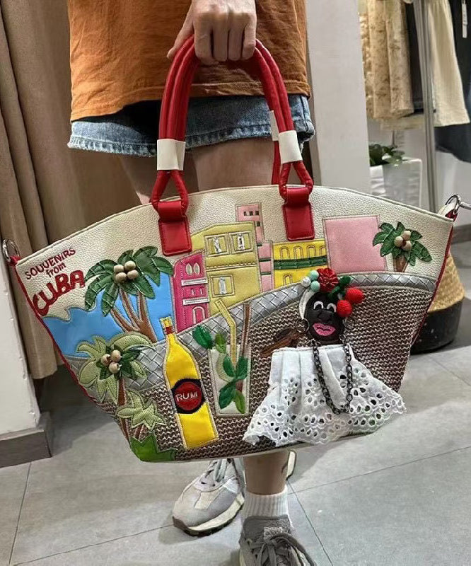 Novelty Embroidered Patchwork Faux Leather Tote Bag
