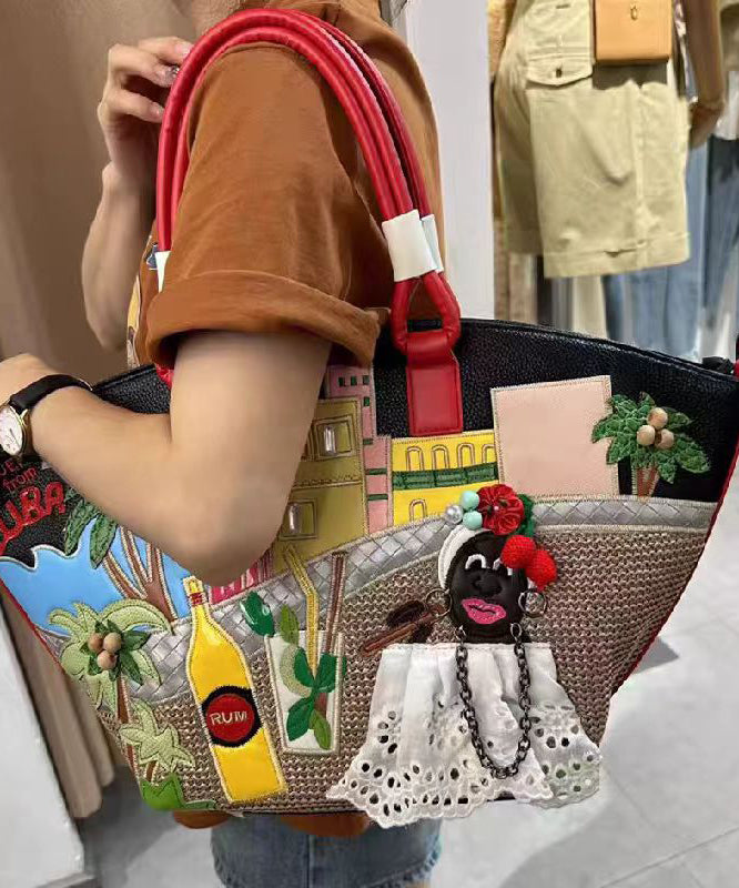 Novelty Embroidered Patchwork Faux Leather Tote Bag