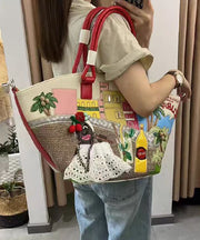 Novelty Embroidered Patchwork Faux Leather Tote Bag