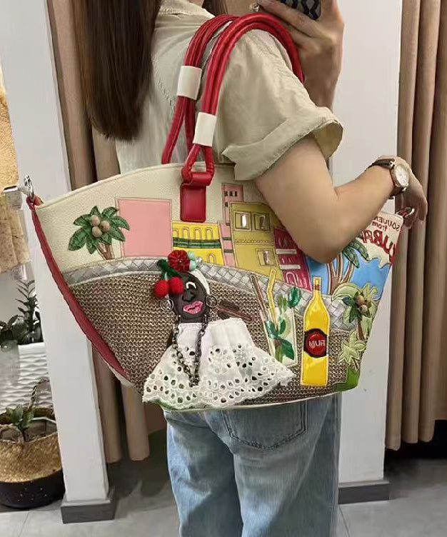 Novelty Embroidered Patchwork Faux Leather Tote Bag