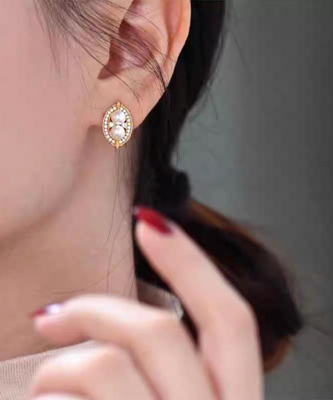 Novelty Gold Copper Overgild Zircon Pearl Water Drop Stud Earrings