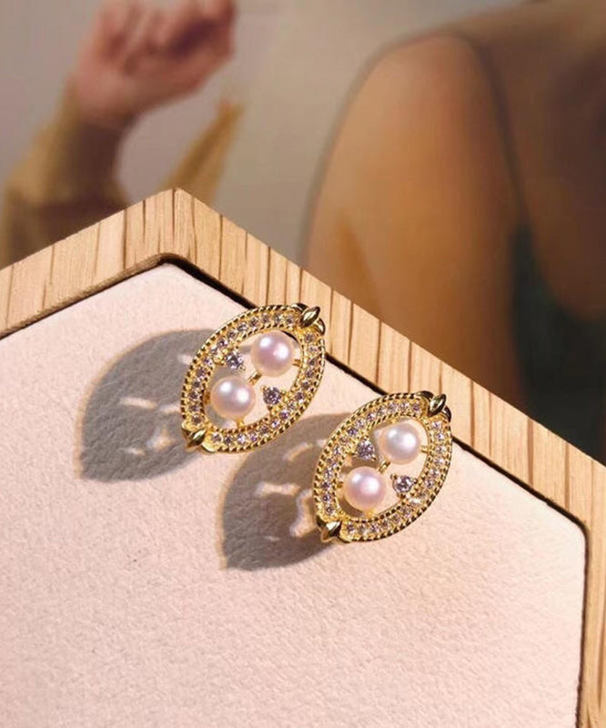 Novelty Gold Copper Overgild Zircon Pearl Water Drop Stud Earrings