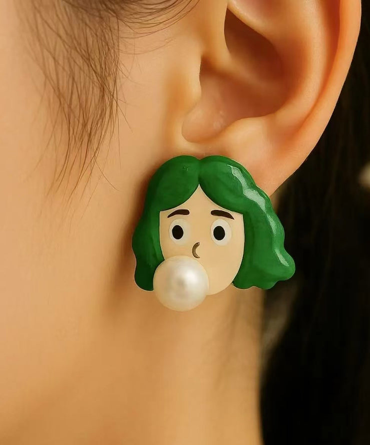 Novelty Green Acrylic The Girl Blowing Bubbles Stud Earrings