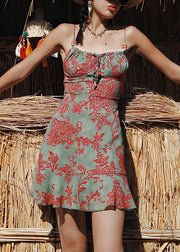 Novelty Green Print Lace Up Cotton Spaghetti Strap Dress Sleeveless