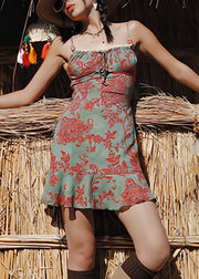 Novelty Green Print Lace Up Cotton Spaghetti Strap Dress Sleeveless