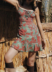 Novelty Green Print Lace Up Cotton Spaghetti Strap Dress Sleeveless