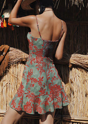 Novelty Green Print Lace Up Cotton Spaghetti Strap Dress Sleeveless