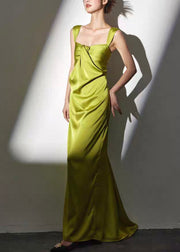 Novelty Green Square Collar Backless Silk Long Dresses Sleeveless