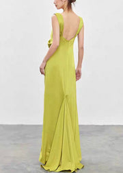 Novelty Green Square Collar Backless Silk Long Dresses Sleeveless