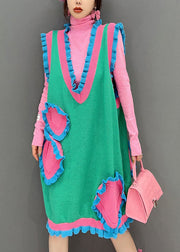 Novelty Green V-Neck Patchwork Ruffles Knit Dress Sleeveless