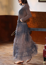 Novelty Grey Cinched Zircon Tops And Tulle Skirts Two Pieces Set Fall