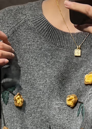 Novelty Grey O-Neck FloralCozy Cotton Knit Sweaters Fall