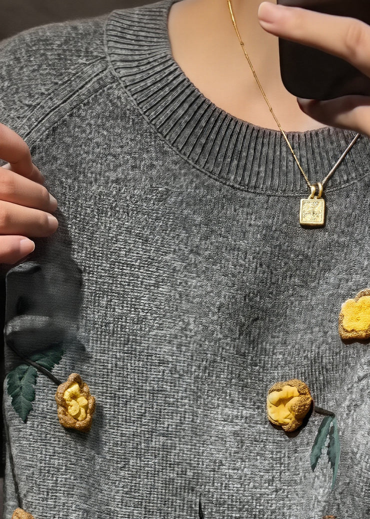 Novelty Grey O-Neck FloralCozy Cotton Knit Sweaters Fall