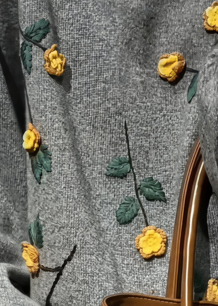 Novelty Grey O-Neck FloralCozy Cotton Knit Sweaters Fall