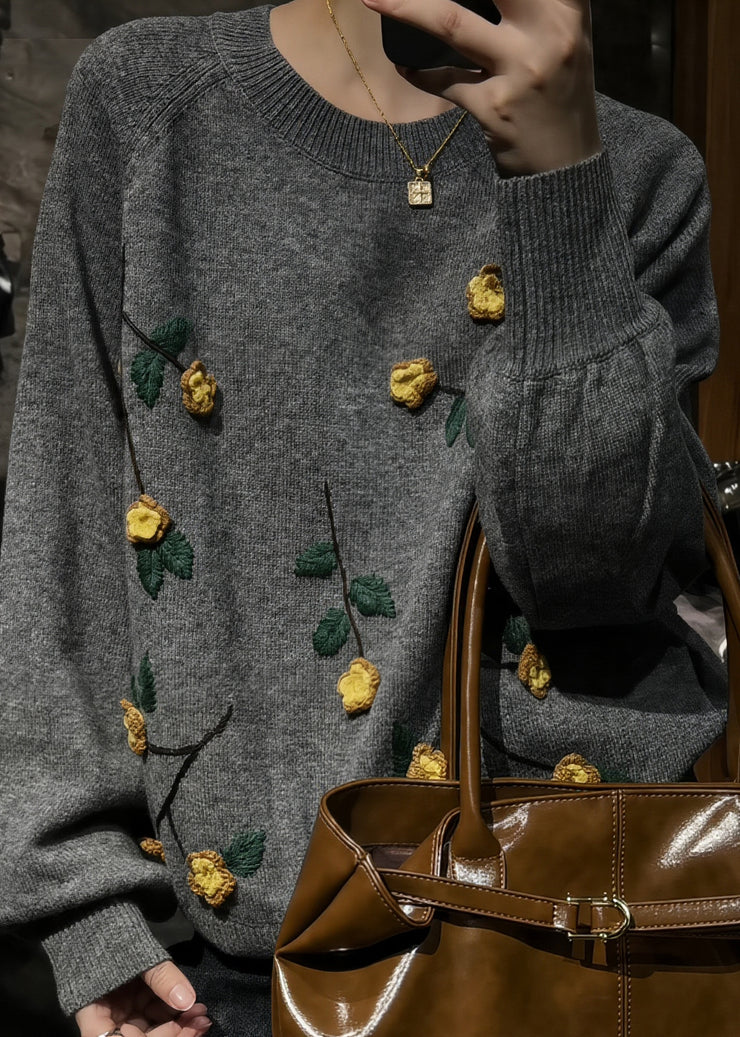 Novelty Grey O-Neck FloralCozy Cotton Knit Sweaters Fall