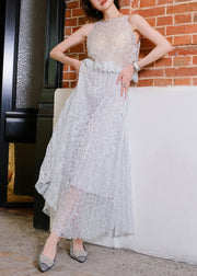 Novelty Grey Sequins Hollow Out Lace Two Piece Set Sleeveless