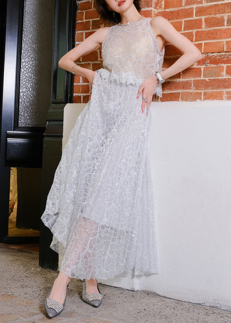 Novelty Grey Sequins Hollow Out Lace Two Piece Set Sleeveless