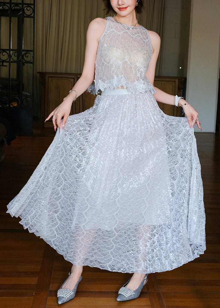 Novelty Grey Sequins Hollow Out Lace Two Piece Set Sleeveless