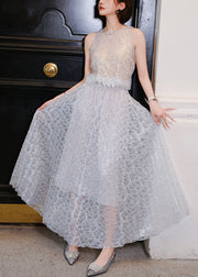 Novelty Grey Sequins Hollow Out Lace Two Piece Set Sleeveless
