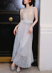 Novelty Grey Sequins Hollow Out Lace Two Piece Set Sleeveless