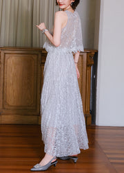 Novelty Grey Sequins Hollow Out Lace Two Piece Set Sleeveless