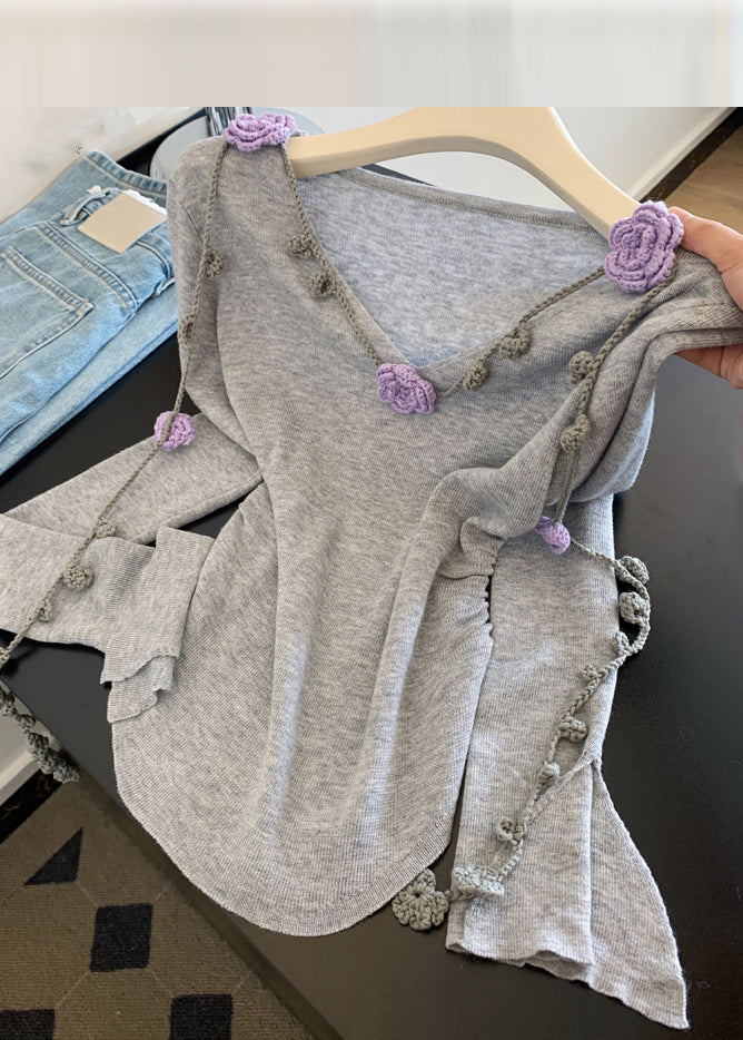 Novelty Grey V Neck Floral Tie Lace Knit Tops Fall