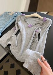 Novelty Grey V Neck Floral Tie Lace Knit Tops Fall