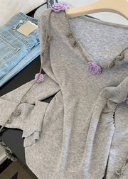 Novelty Grey V Neck Floral Tie Lace Knit Tops Fall