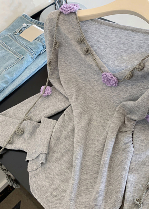 Novelty Grey V Neck Floral Tie Lace Knit Tops Fall