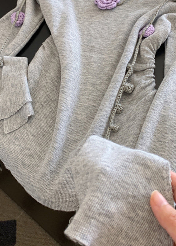 Novelty Grey V Neck Floral Tie Lace Knit Tops Fall