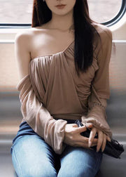 Novelty Khaki One Shoulder Wrinkled Tulle Tops Lantern Sleeve