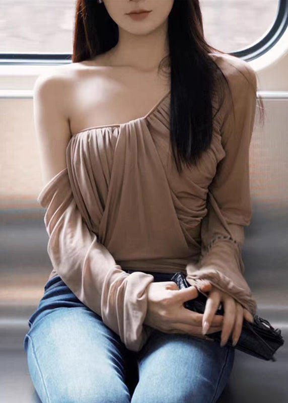 Novelty Khaki One Shoulder Wrinkled Tulle Tops Lantern Sleeve