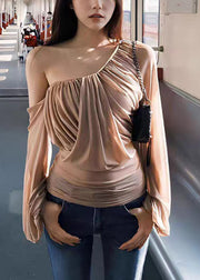 Novelty Khaki One Shoulder Wrinkled Tulle Tops Lantern Sleeve