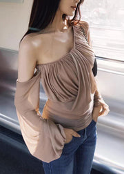Novelty Khaki One Shoulder Wrinkled Tulle Tops Lantern Sleeve