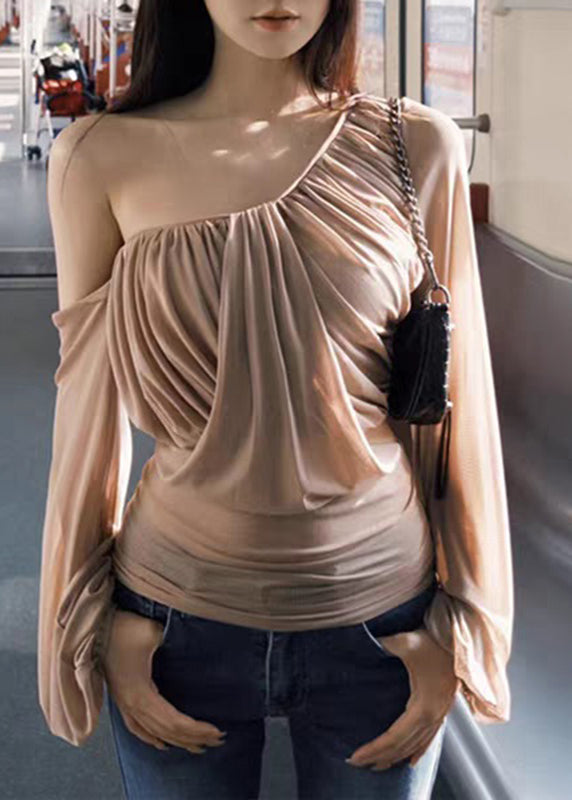 Novelty Khaki One Shoulder Wrinkled Tulle Tops Lantern Sleeve