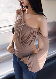 Novelty Khaki One Shoulder Wrinkled Tulle Tops Lantern Sleeve
