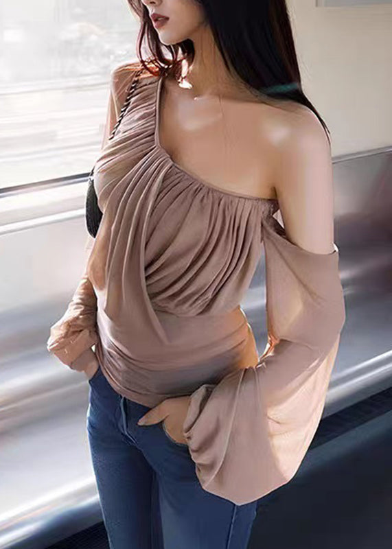 Novelty Khaki One Shoulder Wrinkled Tulle Tops Lantern Sleeve