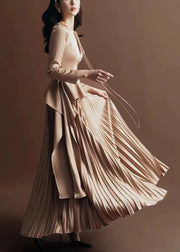 Novelty Khaki Wrinkled Lace Up Silk Long Dress Fall