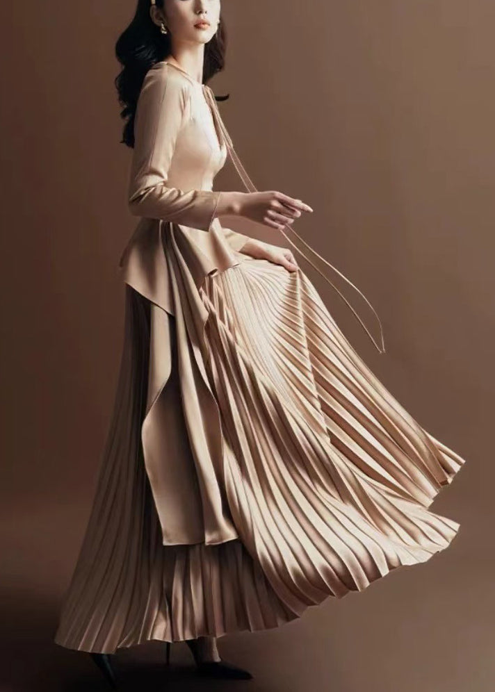 Novelty Khaki Wrinkled Lace Up Silk Long Dress Fall