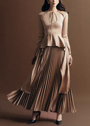 Novelty Khaki Wrinkled Lace Up Silk Long Dress Fall
