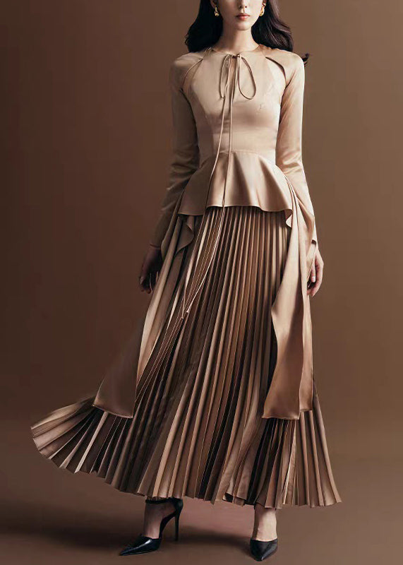 Novelty Khaki Wrinkled Lace Up Silk Long Dress Fall