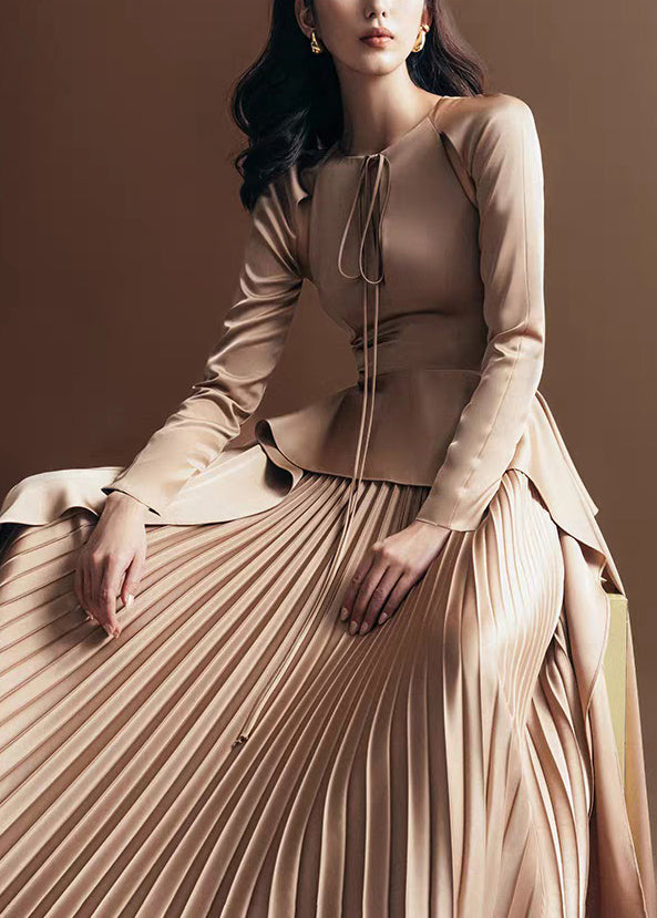 Novelty Khaki Wrinkled Lace Up Silk Long Dress Fall