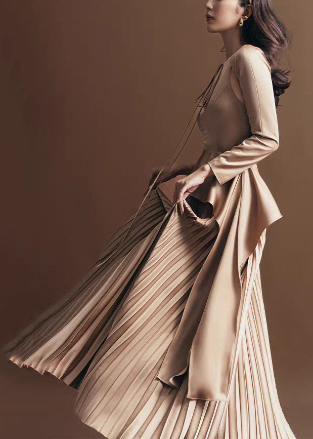 Novelty Khaki Wrinkled Lace Up Silk Long Dress Fall