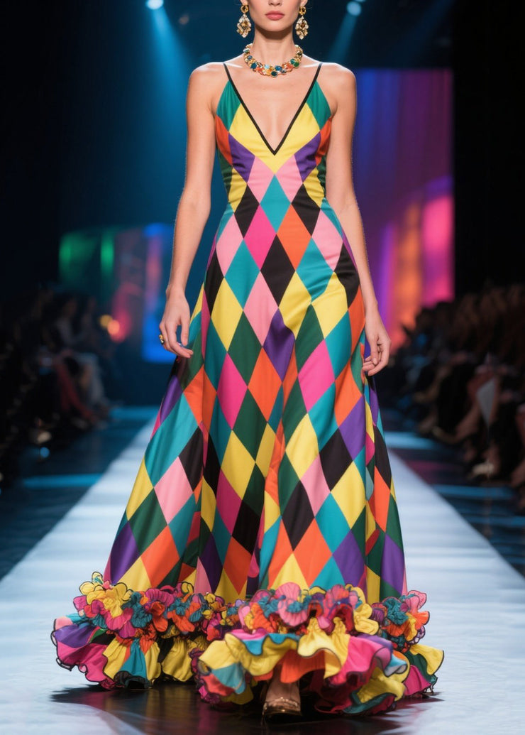 Novelty Multicolour Plaid Ruffled Silk Vestidos Dress Summer