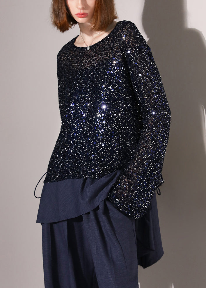 Novelty Navy Sequins Hollow Out Lace Up Knit Tops Fall