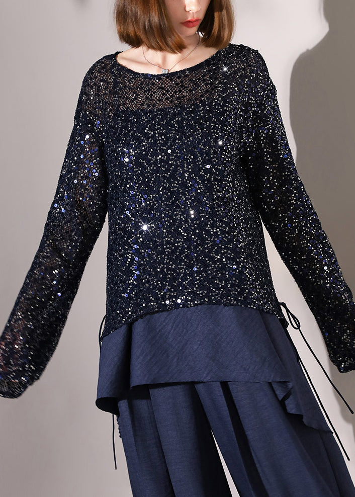 Novelty Navy Sequins Hollow Out Lace Up Knit Tops Fall