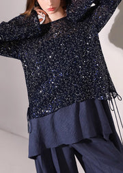 Novelty Navy Sequins Hollow Out Lace Up Knit Tops Fall